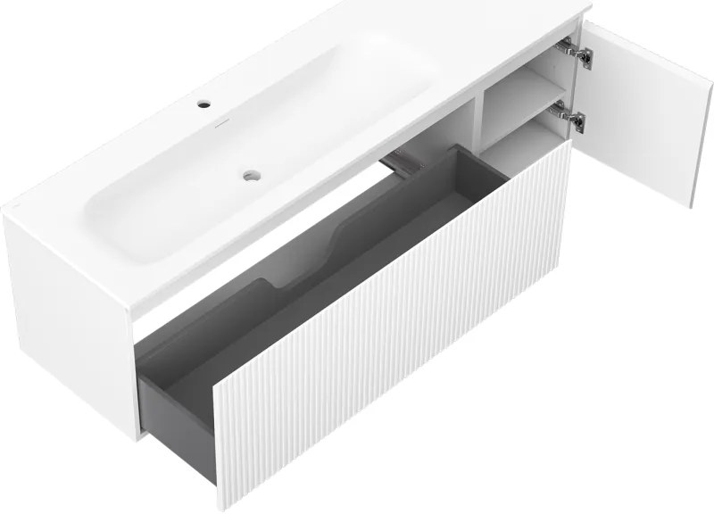Mexen Rivel, kúpeľňová skrinka 160 cm s ľavým umývadlom Vela, 1S, 1D, drážkovaná, biela matná, 91A23-16047-3-BBFF01-W23L01