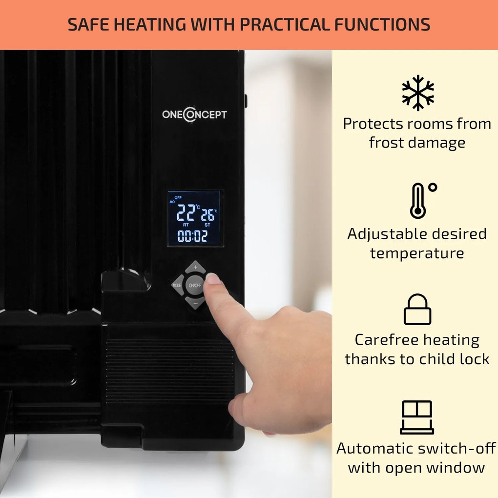 OneConcept Wallander, olejový radiátor, 600 W, termostat, olejové vyhrievanie, plochý dizajn, čierny