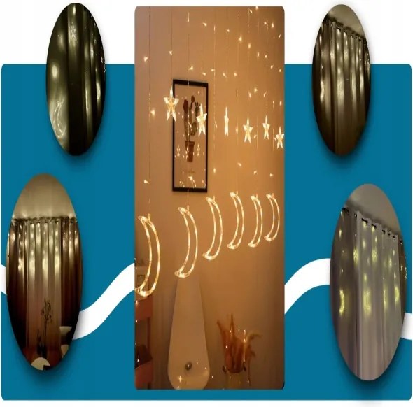 Dekoračný svetelný záves mesiaca a hviezdy