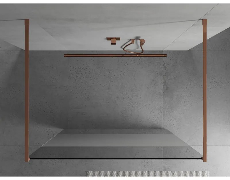 Mexen Kioto, priechodná sprchová zástena 100 x 200 cm, 8mm číre sklo - námraza, 2x zlatá stabilizačná rozpera, profil ružové zlato, 800-100-002-60-35