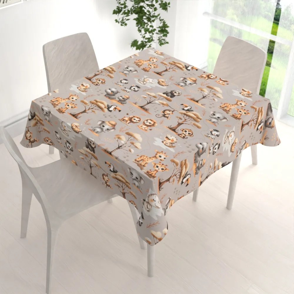 Biante Detský bavlnený štvorcový obrus Sandra SA-514 Africké zvieratká na sivom 90x90 cm