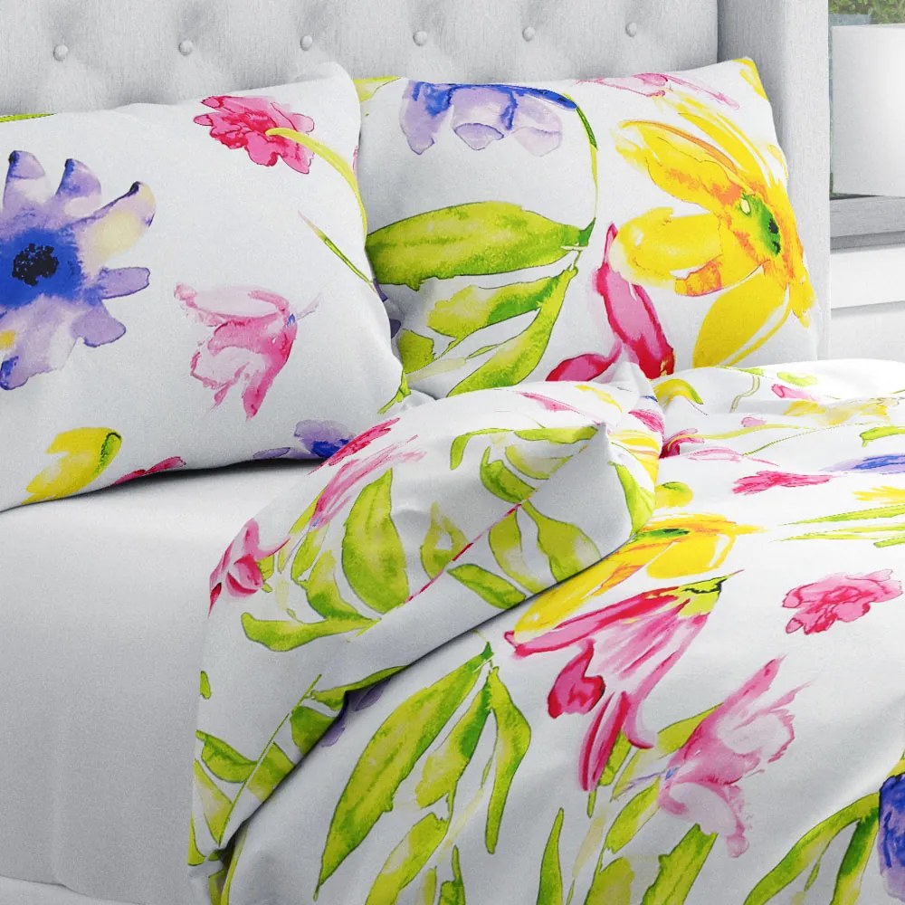 Biante Bavlnené posteľné obliečky Sandra SA-481 Žlto-ružové akvarelové kvety na bielom Jednolôžko 140x200 a 70x90 cm