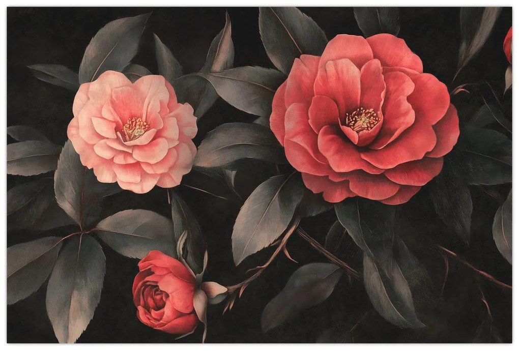 Obraz - Červené kvety na tmavom pozadí (90x60 cm)