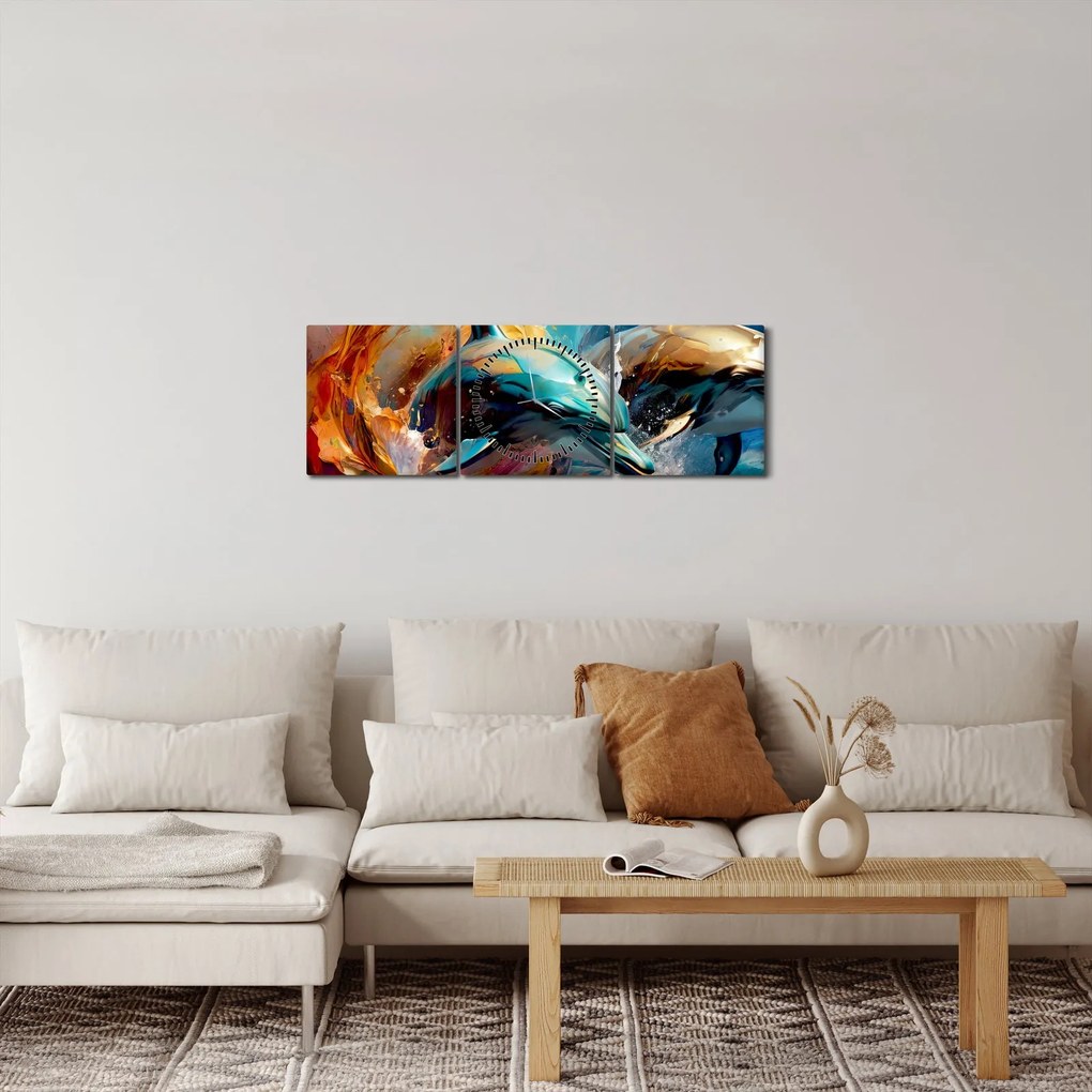 Obraz - Maľba delfínov (s hodinami) (90x30 cm)
