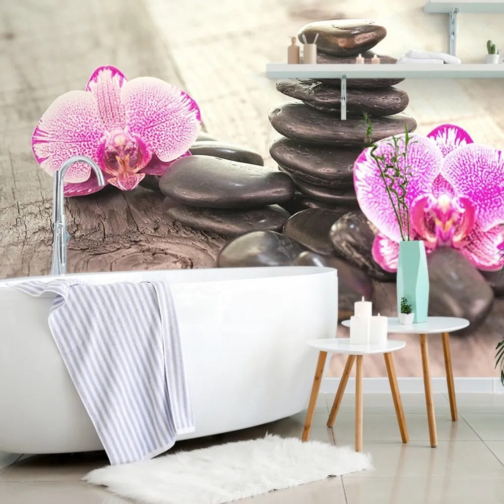 Fototapeta orchidea a Zen kamene na dreve - 450x300