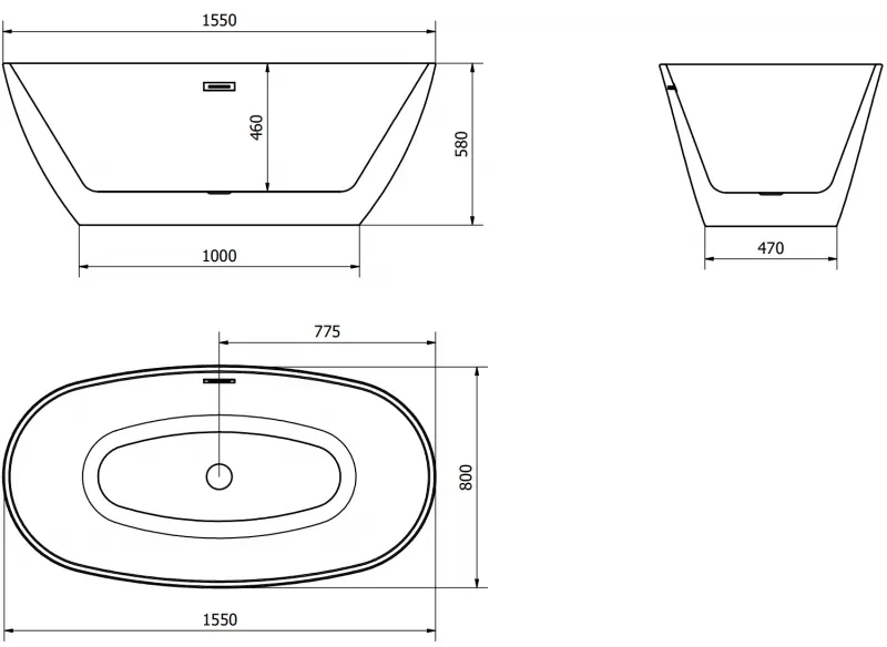 Mexen Eris, voľne stojaca vaňa 155 x 80 cm, biela-čierna, brúsený grafit prepad, 53441558075-95