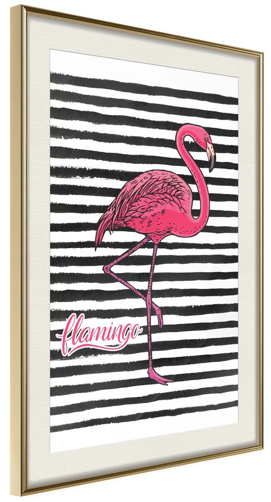 Artgeist Plagát - Black Stripes and Flamingo [Poster] Veľkosť: 20x30, Verzia: Čierny rám s passe-partout