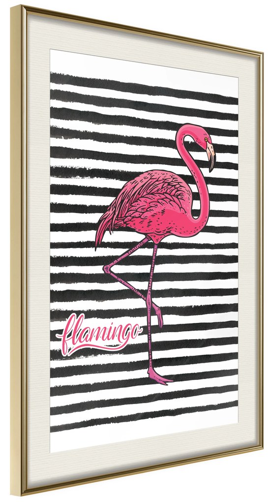 Artgeist Plagát - Black Stripes and Flamingo [Poster] Veľkosť: 40x60, Verzia: Čierny rám s passe-partout