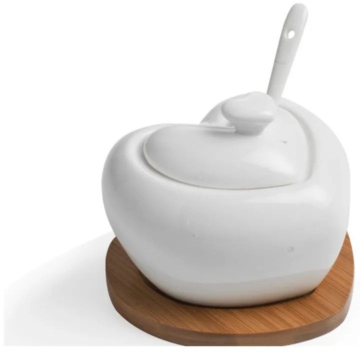 Porcelánová cukornička s lyžičkou a bambusovou podložkou Brandani Heart