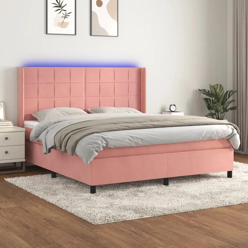 Posteľný rám boxsping s matracom a LED ružový 180x200 cm zamat 3139582