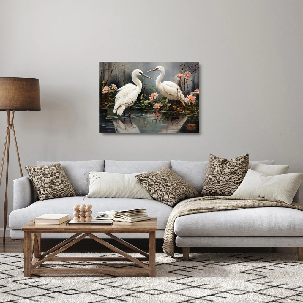 Sklenený obraz - Žeriavy biely (70x50 cm)