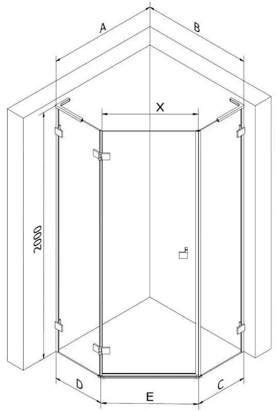 Mexen Lunar, L päťuholníkový sprchový kút naklápací doľava 100x100 cm, 8mm číre sklo, oceľový profil, 831L-100L-100P-97-00-L