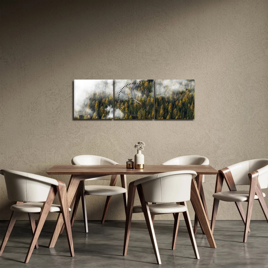 Obraz lesa v mrakoch (s hodinami) (90x30 cm)