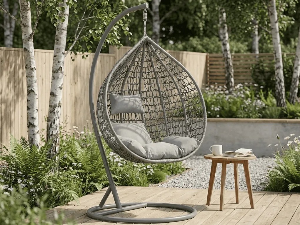 Sivé závesné kreslo KOKON so stojanom, svetlý vankúš