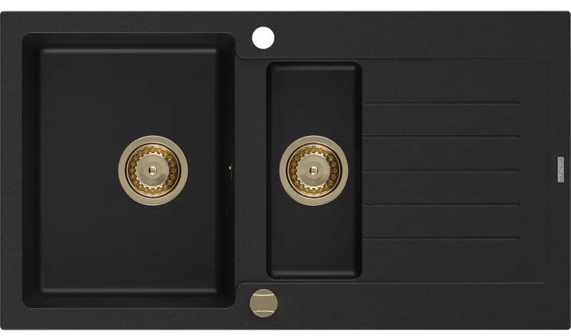 Mexen Matias - drez granitový 900x505x200 mm, 1,5-komorový, čierna so zlatým sifónom, 6502901505-77-G
