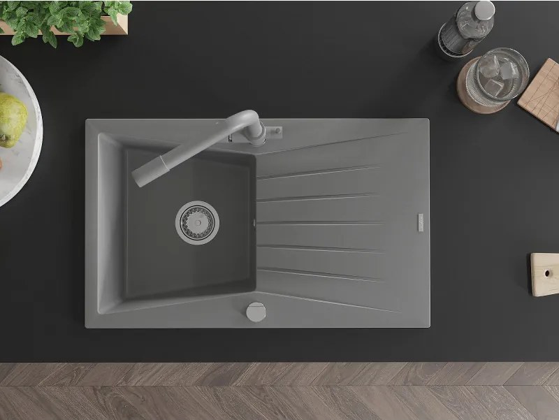 Mexen Cesar, granitový drez 775x470x190 mm, 1-komorový a šedá matná batéria Duero, šedá, 6514-71-671600-71