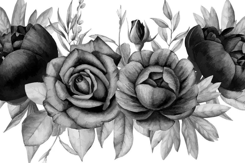 Obraz okúzľujúca kombinácia kvetov a listov v čiernobielom prevedení - 120x80