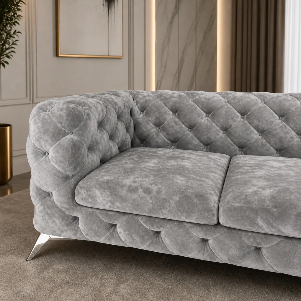 ROHOVÁ SEDAČKA CHESTERFIELD LARISSA PRAVÁ - ĽAVÁ SIVÁ SEMIŠOVÁ LÁTKA 323 X 264 cm