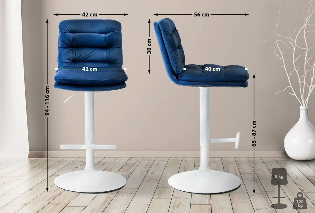 2x Barová stolička Damar - zamat, biely rám - blue