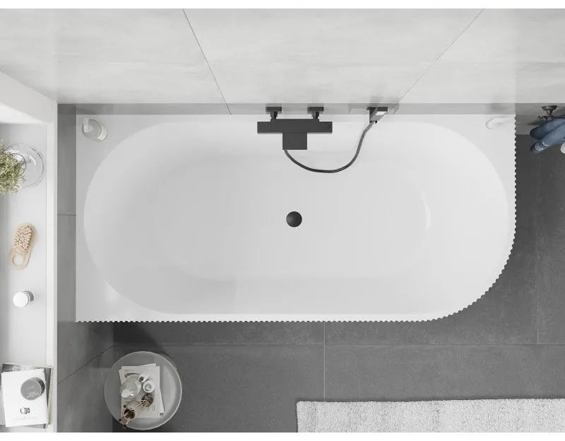 Mexen Silo, rohová voľne stojaca ryhovaná vaňa, ľavá, 150 x 75 cm, biela lesklá, čierny matný prepad, 52891507500L-70