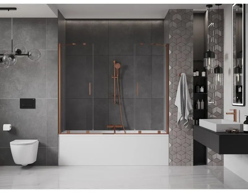 Mexen Velar Duo, vaňová zástena 2-krídlová s posuvnými dverami 190 x 150 cm, 8mm číre sklo, ružové zlato profil, 896-190-000-02-60