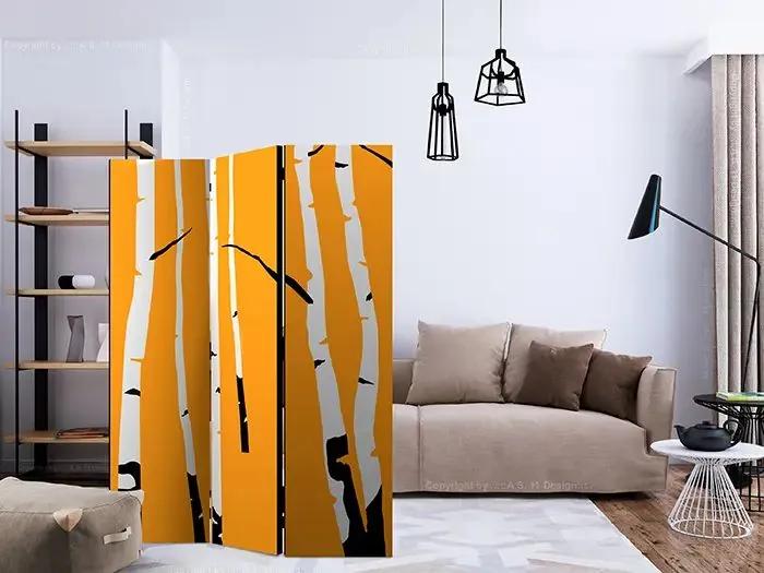 Paraván - Birches on the orange background [Room Dividers] Veľkosť: 135x172, Verzia: Akustický