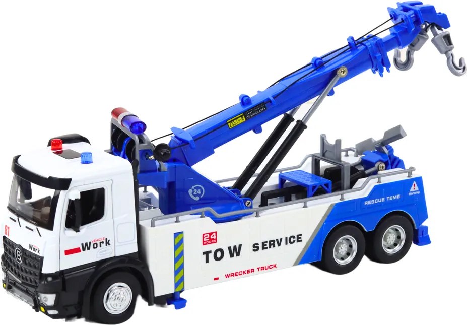 LEAN Toys Nákladné auto s žeriavom, dvoma hákmi, kovové, bielo-modré, svetlá a zvuky