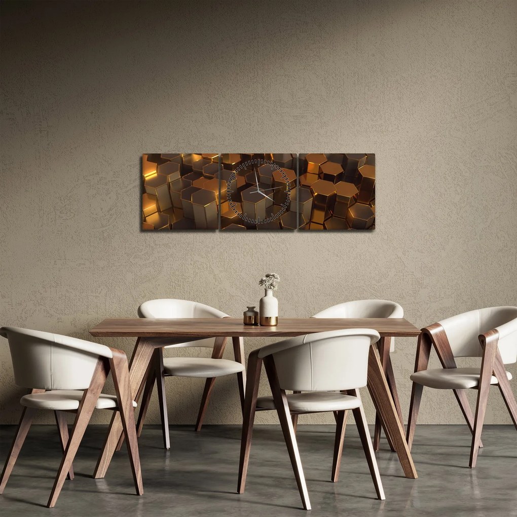 Obraz - Bronzové hexagóny (s hodinami) (90x30 cm)