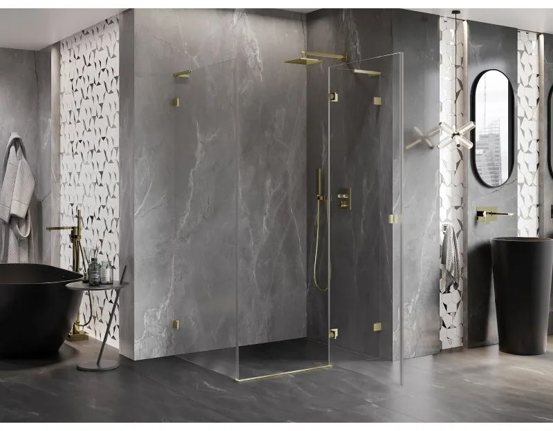Mexen Lunar, L pravý výklopný sprchový kút 75 x 70 cm, 8mm číre sklo, zlatý kartáčovaný - 834L-075-070-55-00-P