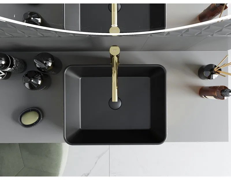 Mexen Catia, umývadlo na dosku 48x37x14 cm, čierna matná-zlatý vzor, 21314877