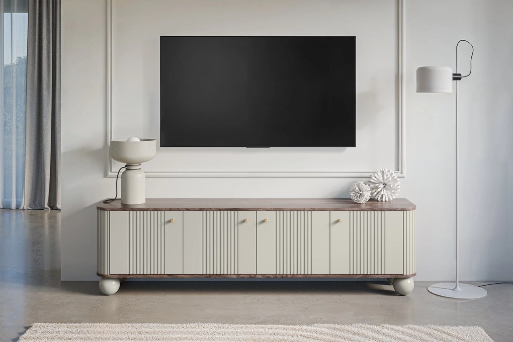 TV stolík Vespera 4D 187 cm - kašmírová / orech / zlatá / kašmírové nohy