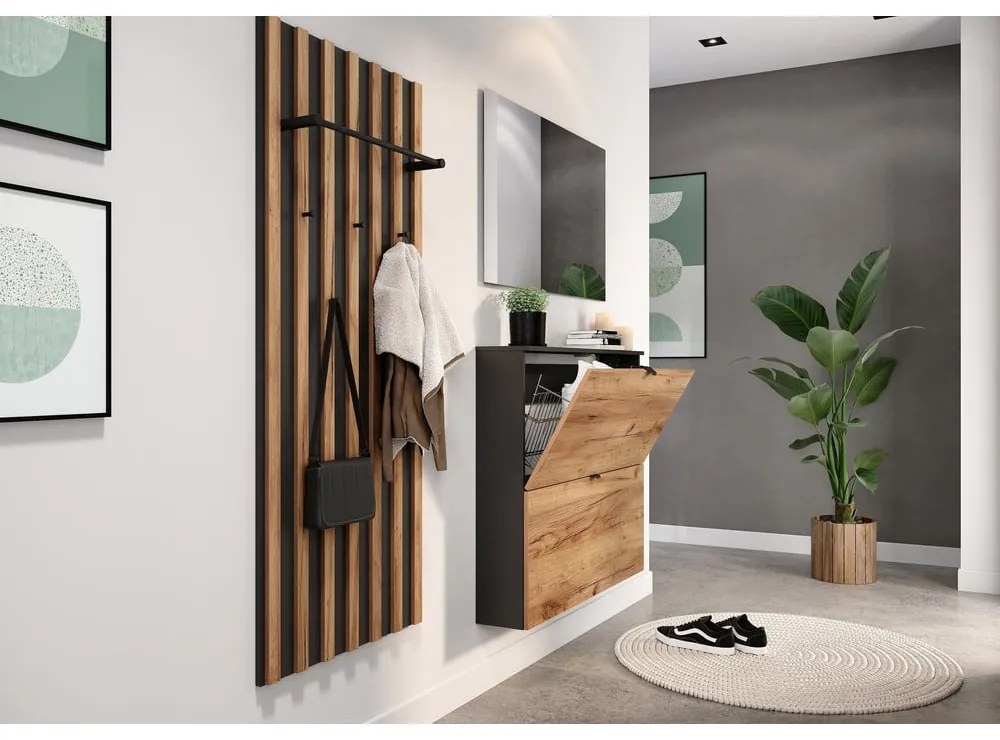 Výklopná závesná skrinka na topánky v dekore duba v antracitovo-prírodnej farbe 100x85x19 cm Renell – Germania