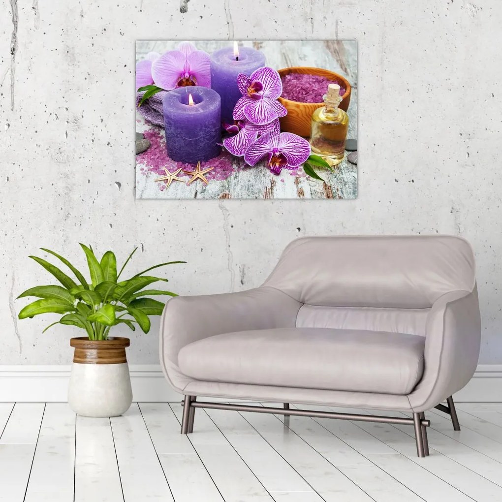 Sklenený obraz orchideí a sviečok (70x50 cm)