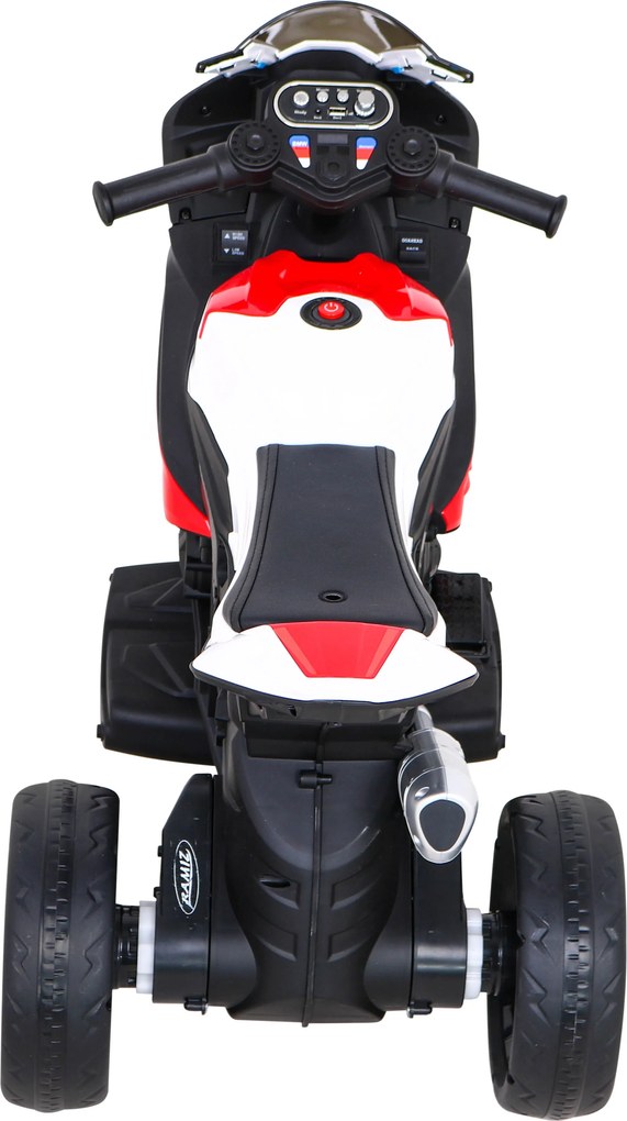 Ramiz BMW HP4 detský motocykel na batérie červený + 3 kolieska + LED + MP3 USB + ekokoža