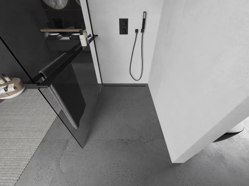 Mexen Kioto+ L, sprchová zástena Walk-In s poličkou a vešiakom 75 x 200 cm, 8mm číre sklo, čierny profil, 800-075-123-70-00