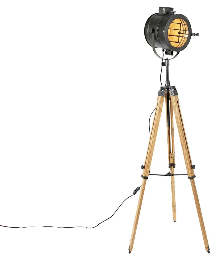 Trojnohý stojaca lampa čierna s dreveným štúdiovým svetlom - Radient