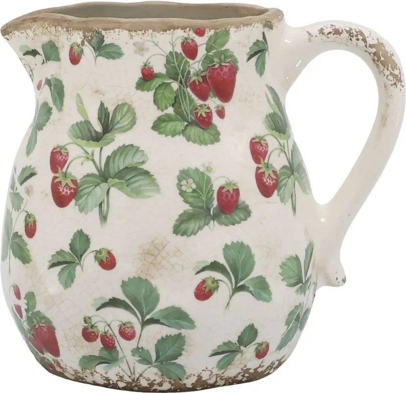 Krémový antik keramický džbán s jahôdkami Fraises - 16*15 cm
