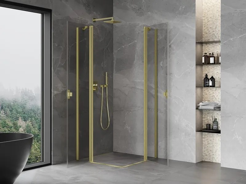 Mexen, Mexen Mist Duo sklápací sprchový kút 90 x 90 cm, transparentný, brúsené zlato - 8A4-090-090-55-00