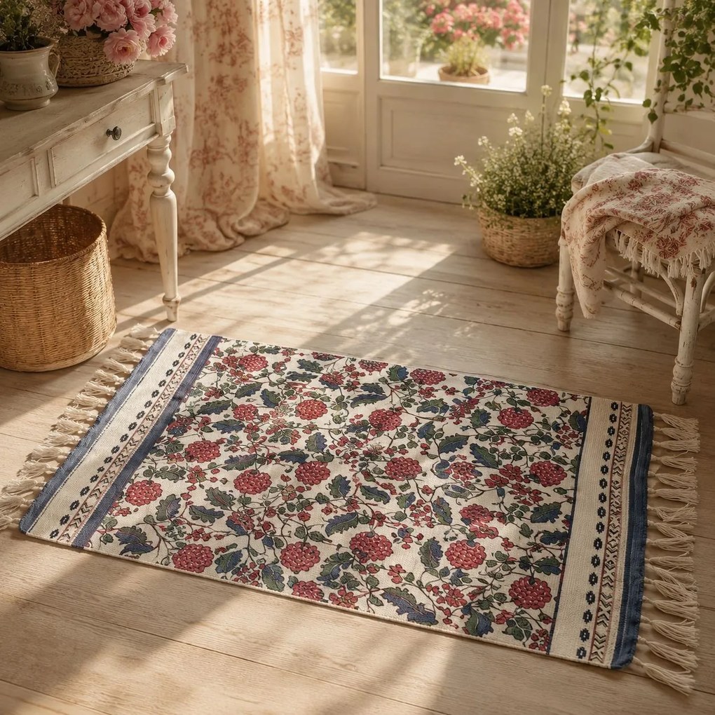 Béžový bavlnený koberec s kvetinovým motívom a strapcami - 60*90 cm