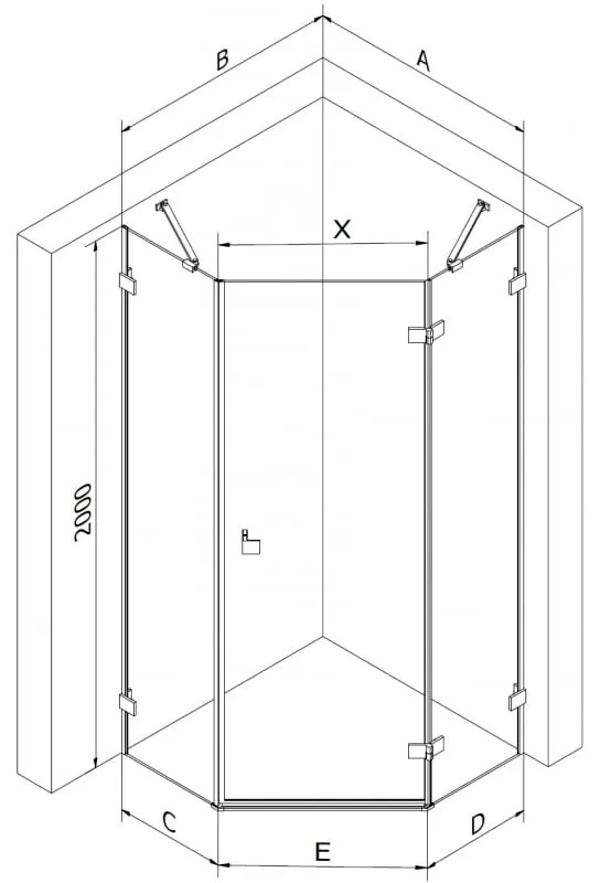 Mexen Lunar, päťuholníkový sprchový kút s pravým sklonom 90 x 80 cm, 8mm číre sklo, zlatý matný profil, 831-090P-080L-55-00-P