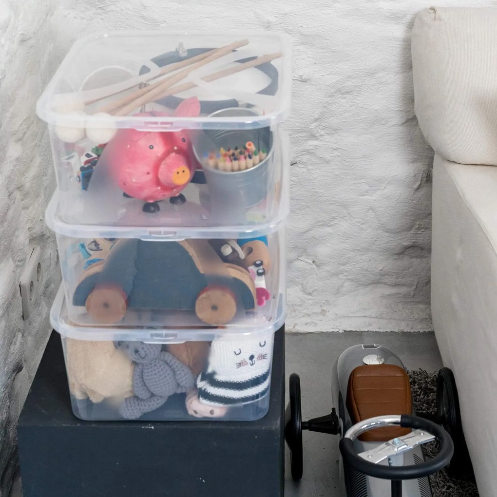 Sada 4 kusov úložných boxov s vekom, Rotho LONA, 58x39x17 (29l) SADA