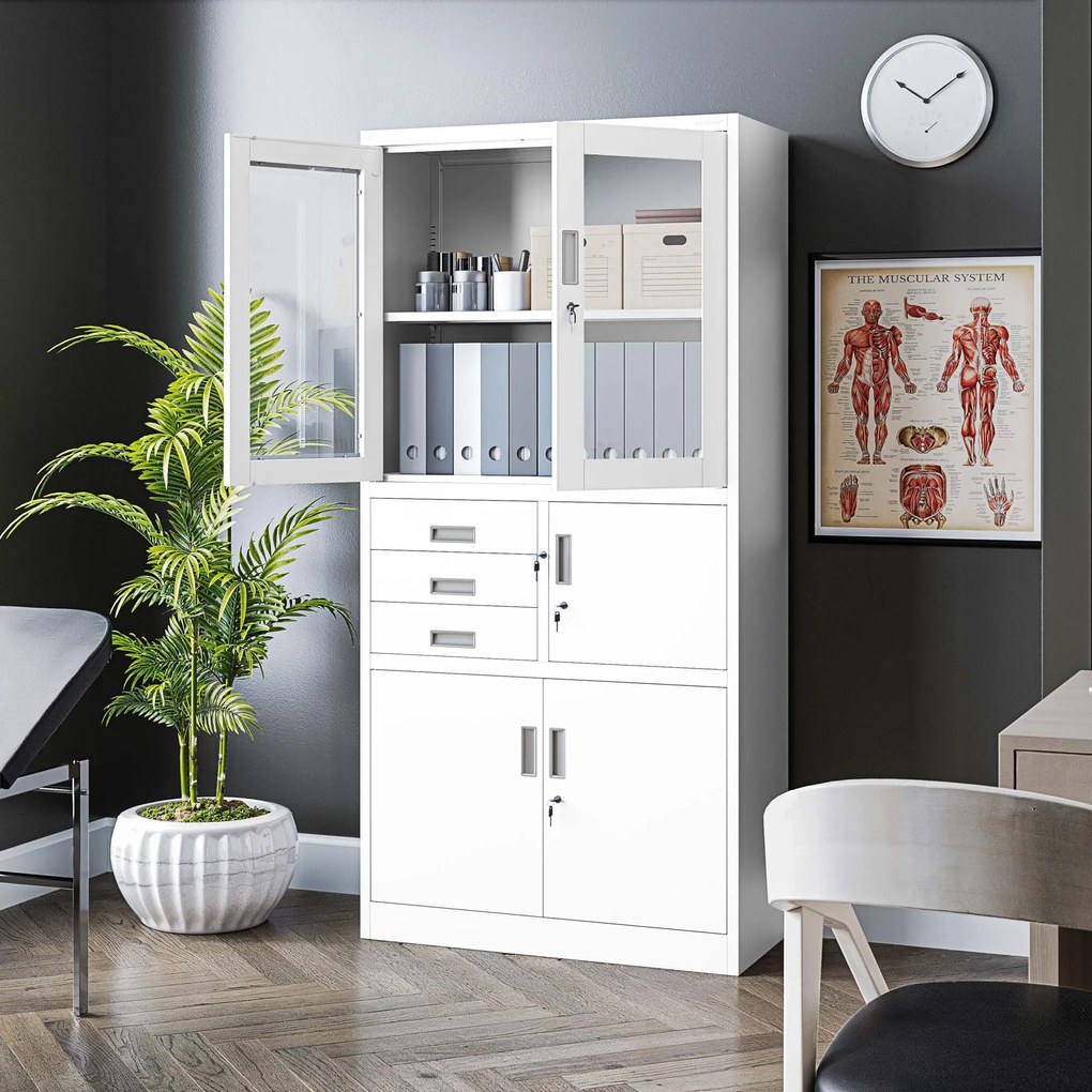 Kovová spisová skriňa so zásuvkami, vitrínou a trezorom FILIP, 900 x 1850 x 400 mm, biela