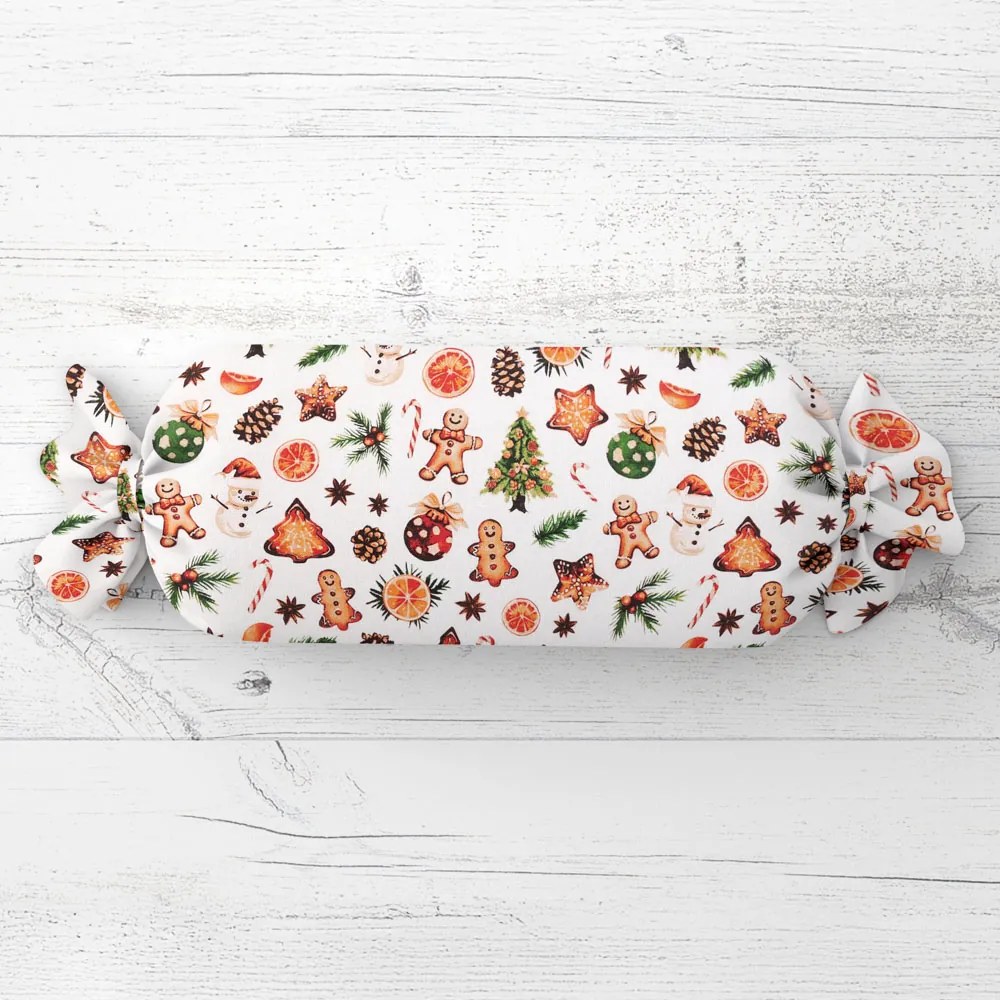 Biante Vianočný vankúš valec bonbon Sandra SA-516 Vianočné perníčky a ozdoby na bielom 15x40 cm