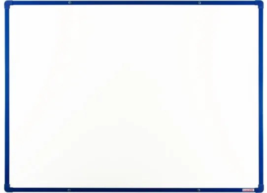Biela magnetická popisovacia tabuľa s keramickým povrchom boardOK, 1200 x 900 mm, modrý rám