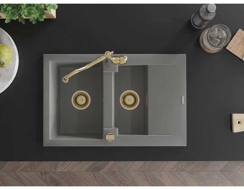 Mexen Gaspar, granitový drez 752x436x161 mm, 1,5-komorový a drezová batéria Carla, šedá, 6507-71-670700-50