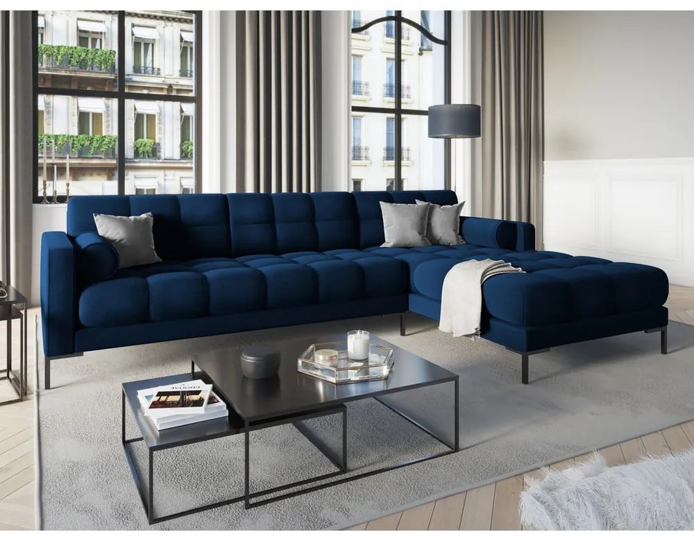 Tmavomodrá zamatová rohová pohovka Cosmopolitan Design Bali, pravý roh