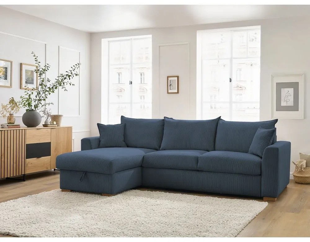 Tmavomodrá menčestrová rozkladacia rohová pohovka (variabilná) Augustin – Bobochic Paris