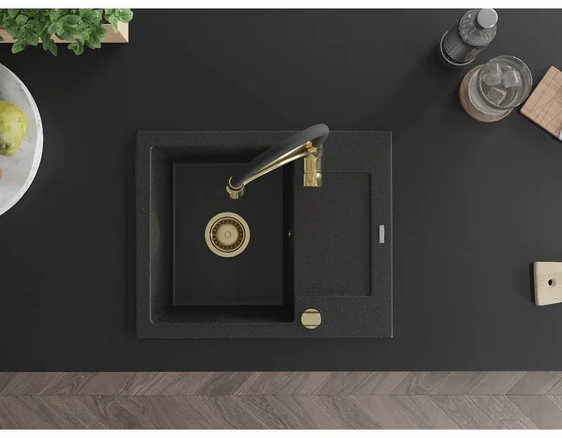 Mexen Enzo, 1-komorový granitový drez 576x465x174 mm a drezová batéria Aster, čierna-strieborná metalíza, 6506-73-73450-57-G