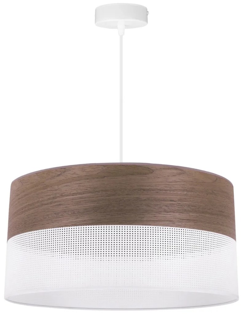 Závesné svietidlo Wood, 1x hnedá orechová dýha/biele PVC tienidlo, (fi 44cm)