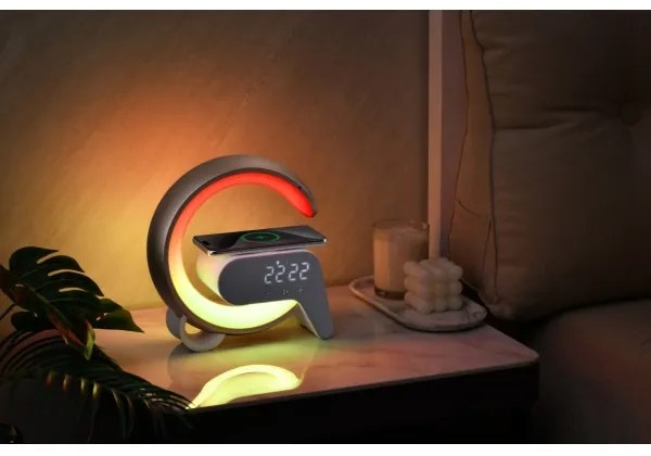 Immax 08987L-LEDRGB Stmievateľná lampa s budíkom a Qi nabíjaním 30W/230V strieborná